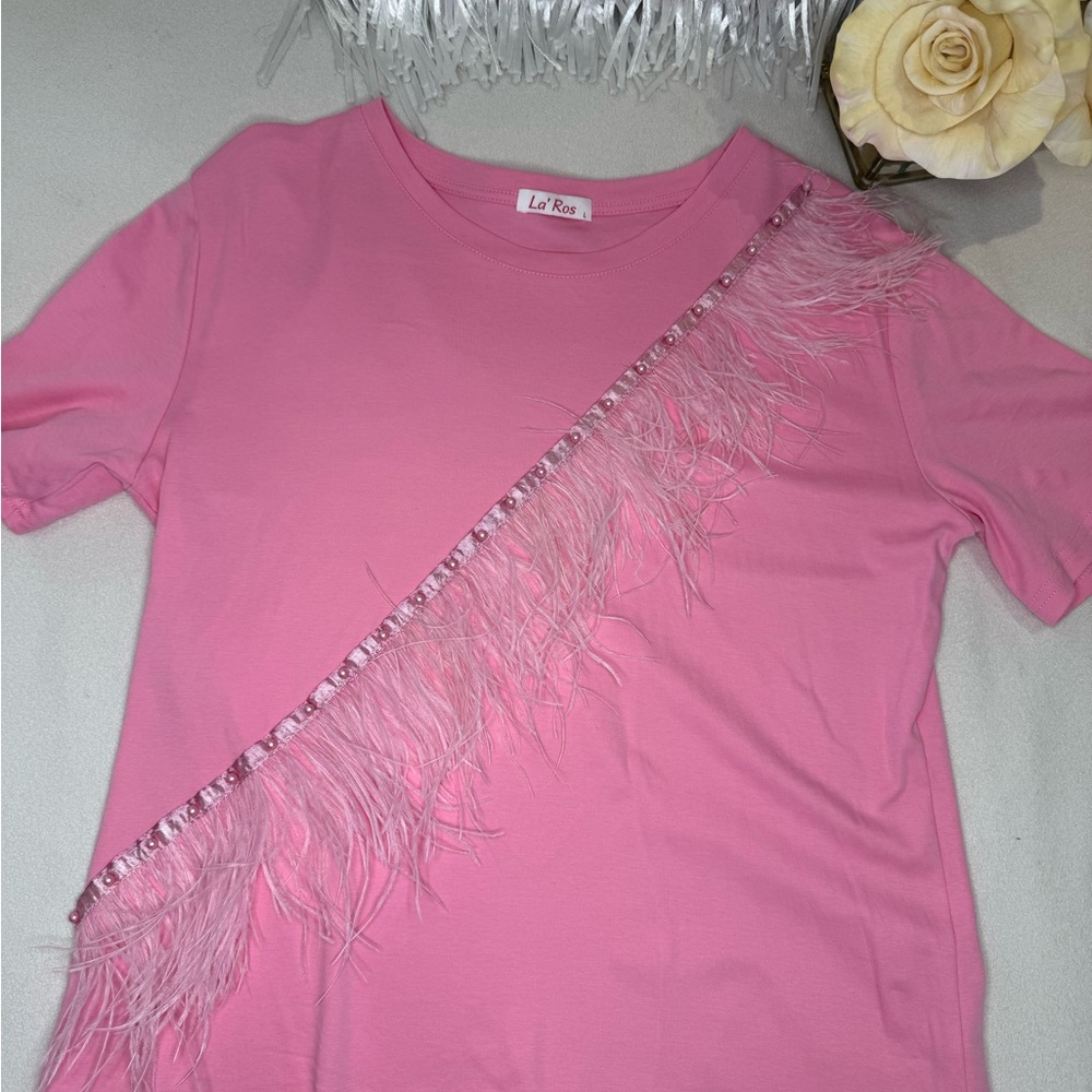 Pink La Ros Italian T-Shirt with Feather Detail